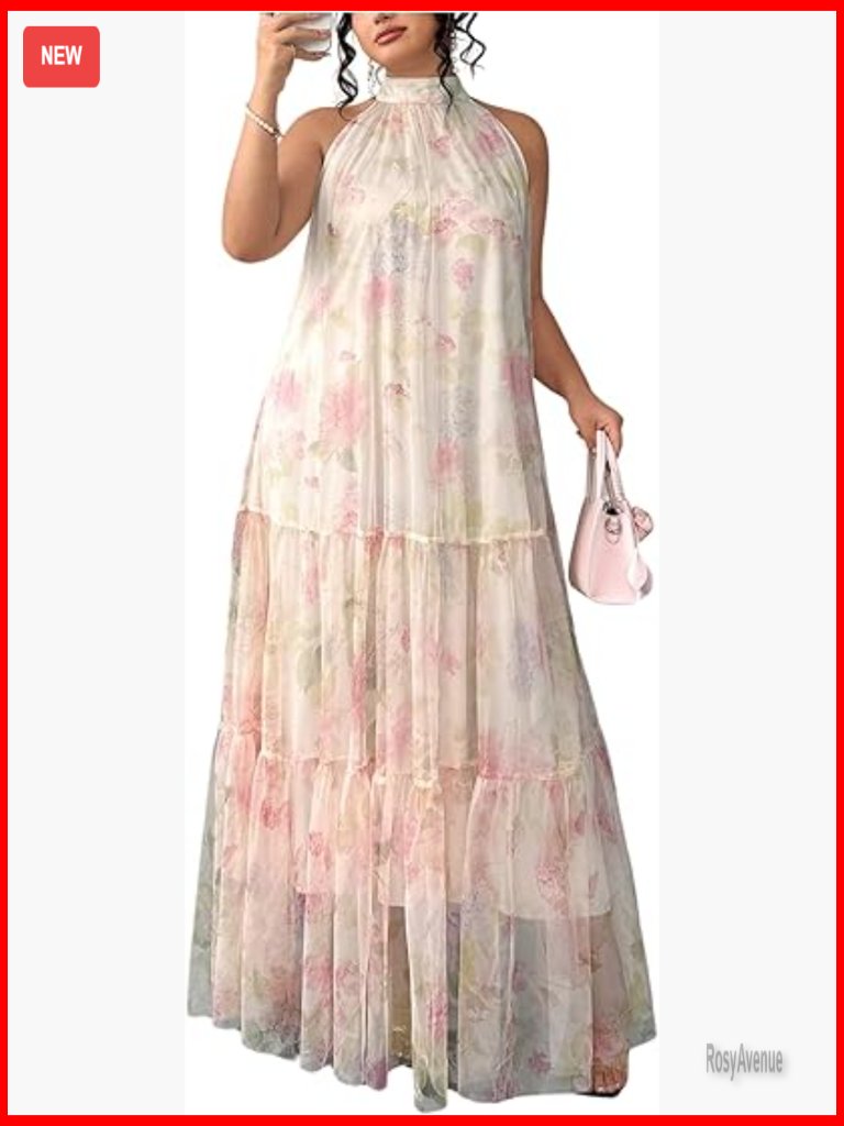 Plus Size Boho Maxi Dress Halter Sleeveless Ruffle Wedding Guest Summer